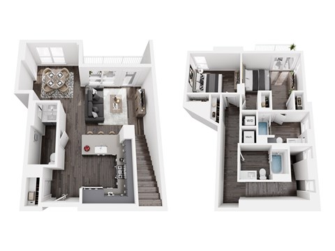A floor plan of a two-story apartment with a living room, kitchen, and bedrooms.